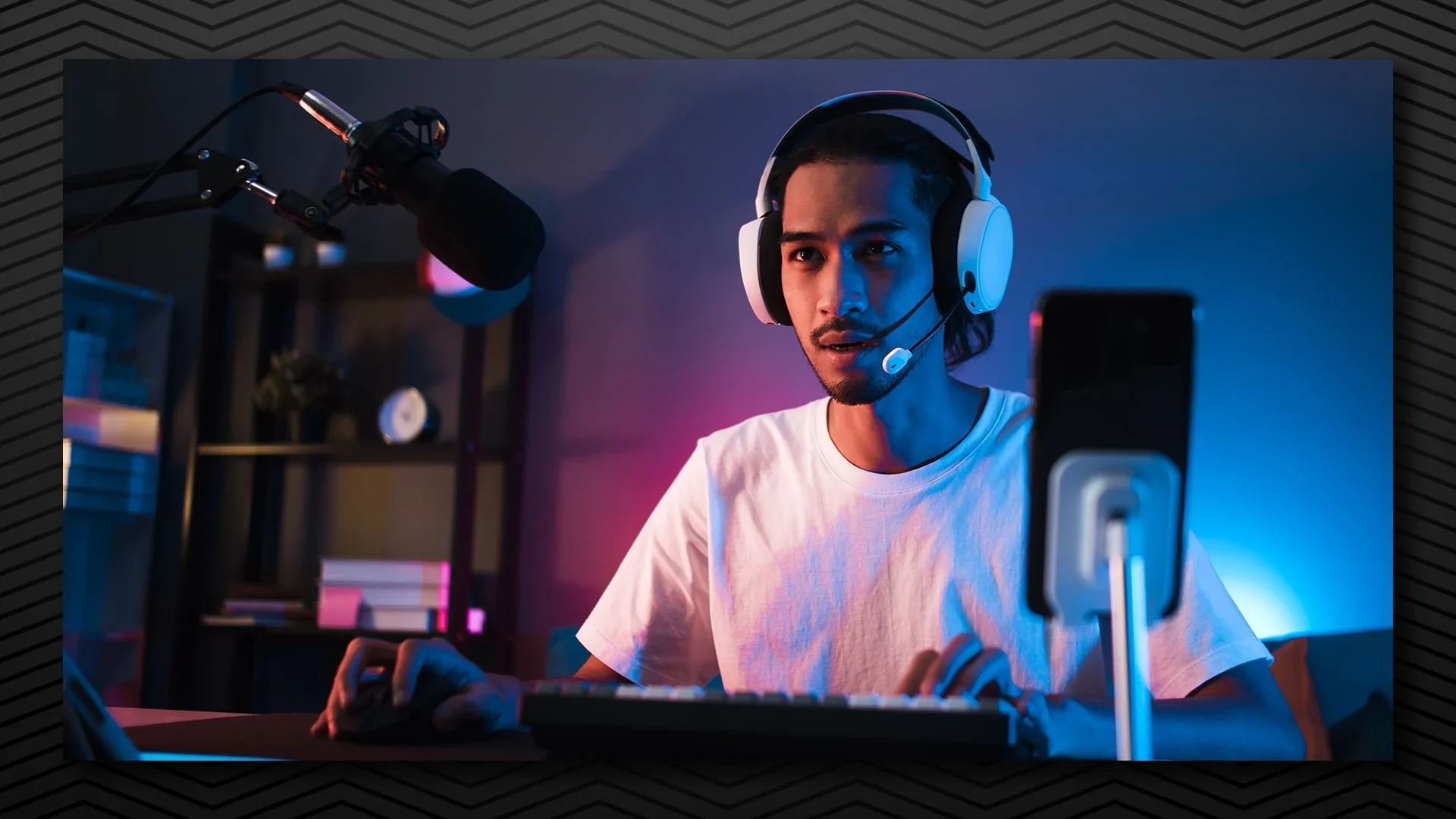 Creator with headset and microphone recording a live stream, representing video content and social media marketing.