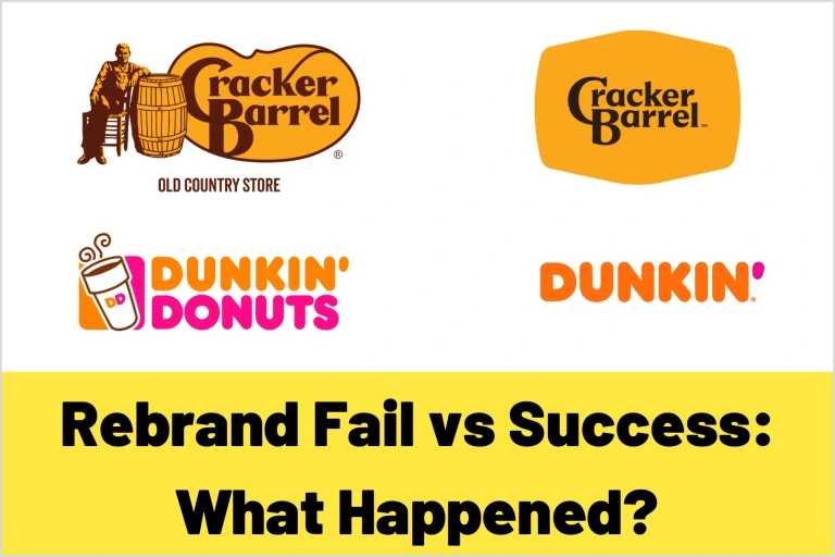 Cracker Barrel and Dunkin’ rebrand comparison graphic showing brand refresh strategy and visual identity lessons.