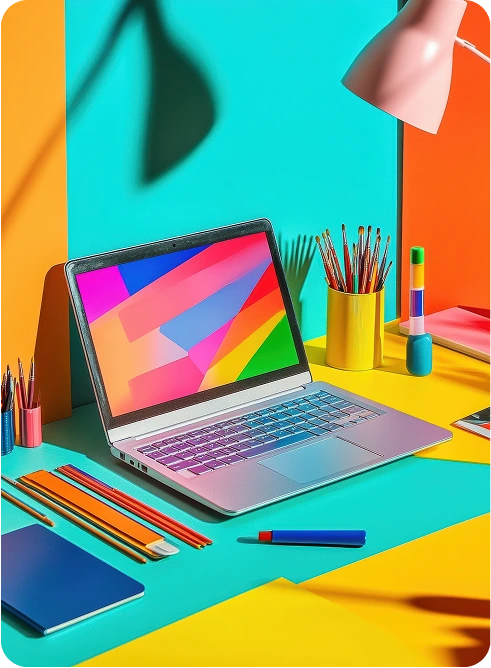 Bright workspace with laptop and art tools, representing creative design, branding services, and visual content production.
