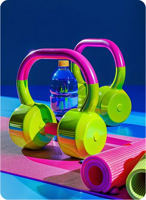 Bright fitness product photography with weights, water bottle, and workout gear for brand content creation.